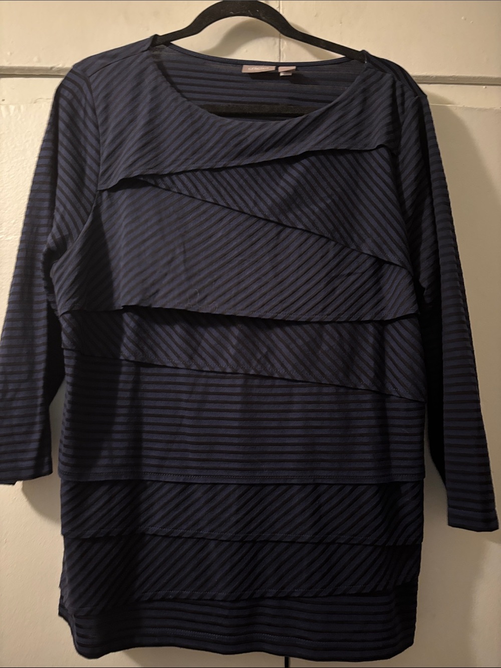 Chico's Navy Layered Diagonal Stripe Long-Sleeve Dress